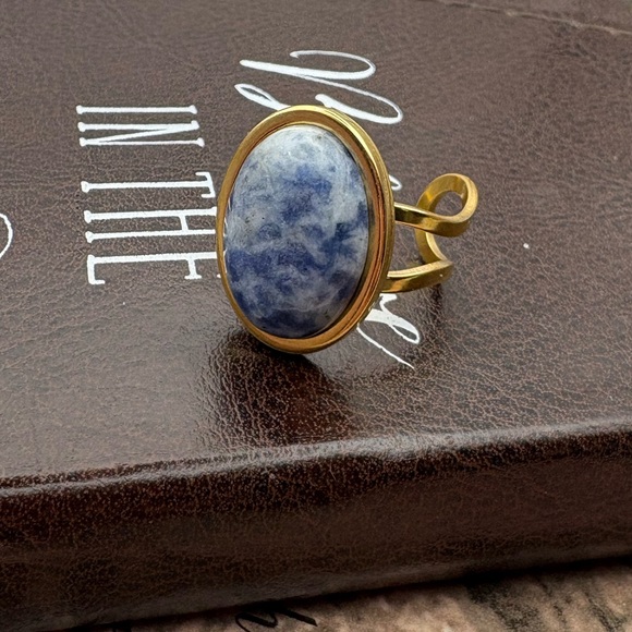 Adjustable Sodalite Gemstone Ring Golden Stainless Steel Oval Blue Stone - Picture 5 of 7
